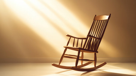 This image features a beautifully crafted wooden rocking chair bathed in warm, soft light, evoking feelings of relaxation and tranquility in a minimalist indoor environment.の素材