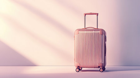 An elegant pink suitcase stands alone on a minimalist background, casting soft shadows that enhance its design, perfect for travel-themed projects or lifestyle applications.の素材