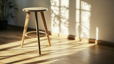 A wooden stool stands elegantly in a sunlit room, casting soft shadows on the floor, creating a warm and inviting atmosphere ideal for interior design inspiration.の素材