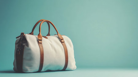This elegant travel bag features a sleek design with leather straps set against a minimalist turquoise background, ideal for stylish weekend escapes or everyday use.の素材