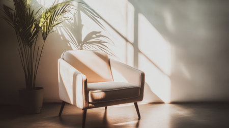 A sunlit corner featuring a cozy armchair and a decorative plant, highlighting minimalist design and warm shadows that create a tranquil atmosphere in a modern interior setting.の素材