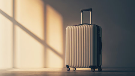 A stylish beige luggage piece stands in soft natural light, emphasizing its minimalist design, ideal for travelers seeking elegance and inspiration for adventures.の素材