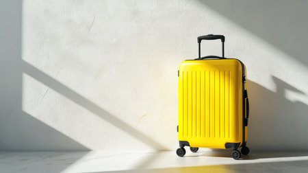 A striking yellow suitcase positioned in a spacious area, illuminated by bright sunlight, highlighting the elegance of minimalist design and travel essentials.の素材
