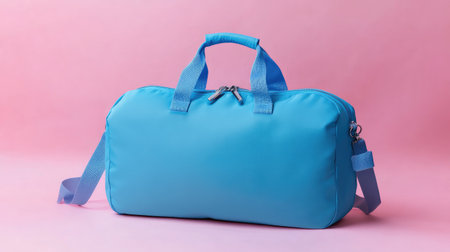 A stylish light blue duffel bag set against a soft pink background, ideal for travel or gym outings, featuring a spacious interior and comfortable handles.の素材