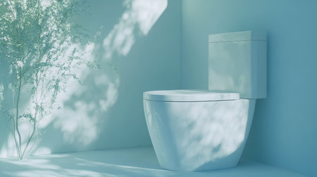 A serene bathroom setting featuring a sleek toilet in soft blue tones, enhanced by natural light and delicate plant accents for a calming minimalistic design.の素材