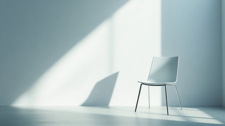 A minimalist modern chair positioned in a bright, airy room showcases soft shadows and light, ideal for design concepts and architectural visualizations that emphasize simplicity.の素材