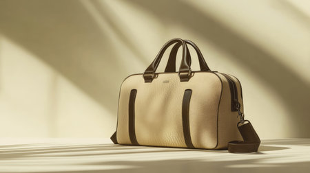 This stylish tan travel bag showcases contemporary design with leather accents, ideal for weekend getaways or daily use against a soft shadowy backdrop.の素材