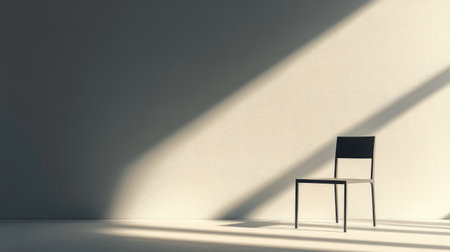 A minimalistic black chair sits alone on a smooth floor, illuminated by natural light that creates long shadows, evoking a sense of tranquility and serene beauty in a modern environment.の素材