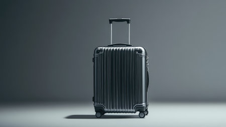 A sleek black hard-shell suitcase featuring a telescopic handle and four smooth wheels, perfect for stylish travel and efficient packing in a minimalist environment.の素材