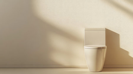 This image showcases a minimalist bathroom featuring a modern toilet bathed in bright natural light emphasizing clean lines and a serene atmosphere against a textured wall.の素材