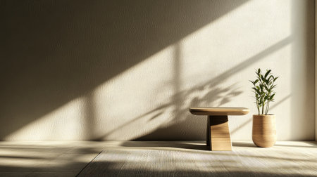 A tranquil interior scene featuring minimalist furniture and a potted plant, bathed in natural light and creating a soothing atmosphere ideal for relaxation and beauty.の素材