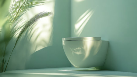 A modern bathroom features a minimalist toilet against soothing green walls complemented by soft lighting and elegant plants for a tranquil and stylish atmosphere.の素材