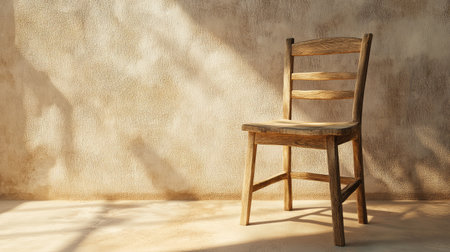 A charming wooden chair sits alone in a sunlit room, casting soft shadows on a textured wall, creating a serene and inviting atmosphere perfect for various interior design projects.の素材