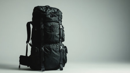 This sleek black backpack combines style and functionality, making it perfect for travel and outdoor activities with ample storage and practical design for everyday adventures.の素材