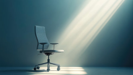 A sleek ergonomic office chair sits alone in a dimly lit room, illuminated by gentle rays of light, creating a serene and inviting workspace atmosphere perfect for both productivity and relaxation.の素材