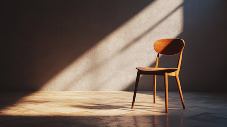 A minimalist wooden chair is illuminated by soft light, casting dramatic shadows on the wall, creating a serene atmosphere in a simple interior space. Perfect for modern decor.の素材