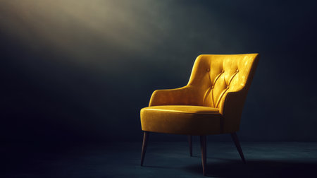 A vibrant yellow accent chair stands elegantly under soft lighting, creating a cozy atmosphere. Ideal for enhancing modern interiors with a touch of style and comfort.の素材