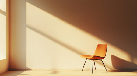 A serene minimalist interior scene featuring a simple chair illuminated by soft natural light, creating long shadows on the wall and inviting a sense of tranquility and elegance.の素材