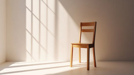 A simple yet elegant wooden chair allows for creative interior design ideas. Soft natural light casts intricate shadows on the floor, enhancing the minimalist aesthetic.の素材