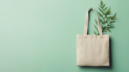 A minimalist canvas tote bag rests on a soft mint background, complemented by a vibrant green fern, ideal for showcasing eco-friendly lifestyle choices.の素材