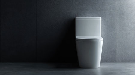 A contemporary bathroom scene featuring a sleek white toilet against a dark textured wall, showcasing modern design elements and minimalistic style. Ideal for home renovation projects.の素材