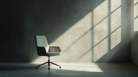 A solitary modern office chair placed in a minimalist room, illuminated by soft light streaming through windows, creating an inviting and tranquil atmosphere.の素材