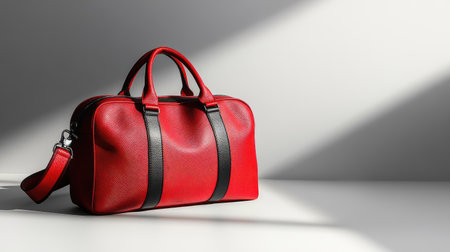 A vibrant red travel bag featuring stylish black stripes, perfect for various occasions. Captured in soft natural light, it offers a modern, chic aesthetic for everyday use.の素材
