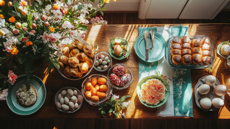 A beautifully arranged Easter table featuring colorful eggs, delightful pastries, and fresh spring flowers, creating a cozy, festive atmosphere in a sunlit kitchen.の素材