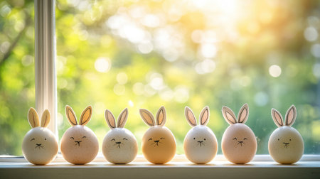 Charming Easter eggs with bunny decorations displayed on a windowsill, illuminated by warm sunlight, create a delightful spring ambiance perfect for holiday celebrations.の素材