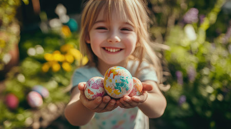 A joyful young girl smiles brightly as she holds colorful Easter eggs in her hands, surrounded by a vibrant garden, capturing the spirit of spring celebrations and family traditions.の素材