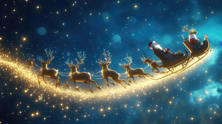 A captivating image depicting Santa Claus joyfully riding a sleigh pulled by reindeer through a starry night sky, surrounded by sparkling glitter and festive magic, embracing the holiday spirit.の素材