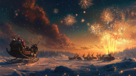 Experience a magical winter scene with a sleigh guided by reindeer as fireworks illuminate the night sky, creating a festive atmosphere filled with joy and celebration.の素材