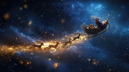 Experience the enchanting scene of Santa Claus soaring through a starry night on his sleigh, accompanied by reindeer and surrounded by glowing snowflakes, embracing holiday magic.の素材