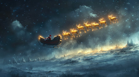 Enchanted scene capturing Santa Claus in a sleigh flown by glowing reindeer across a snowy landscape under a breathtaking starry sky, symbolizing holiday spirit and joy.の素材