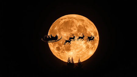 A captivating silhouette of a sleigh with reindeer glides across a vibrant full moon, creating a magical winter scene perfect for celebrating the spirit of the holiday season.の素材