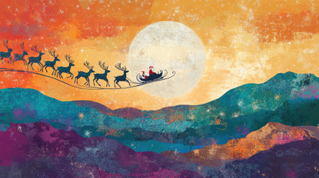 This enchanting illustration showcases Santa Claus flying in his sleigh, pulled by reindeer against a vibrant sunset and moonlit background, evoking holiday cheer.の素材