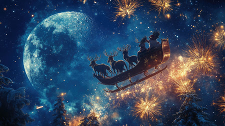 Experience a magical Christmas night with Santa's sleek sleigh gliding through a starry sky, surrounded by bright fireworks and a stunning full moon illuminating the enchanting winter landscape.の素材