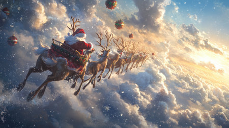 A captivating scene of Santa Claus soaring through a vibrant sky on his reindeer, surrounded by snowflakes and festive ornaments, embodying the spirit of Christmas.の素材