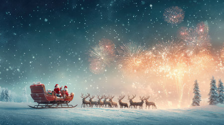 A captivating Christmas scene featuring Santa Claus in a sleigh surrounded by reindeer, enjoying vibrant fireworks on a snowy night, radiating festive cheer and magic.の素材