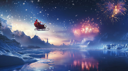 A magical winter scene featuring Santa Claus soaring in a sleigh, surrounded by snowy mountains and vibrant fireworks, capturing the essence of holiday cheer and warmth.の素材