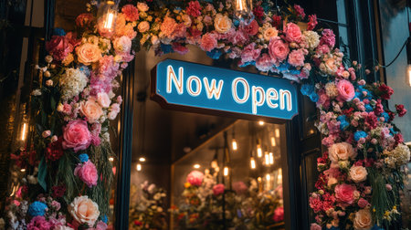 A picturesque entrance featuring a vibrant floral arch with pastel blooms and a welcoming 'Now Open' sign, creating a warm and inviting atmosphere for visitors.の素材