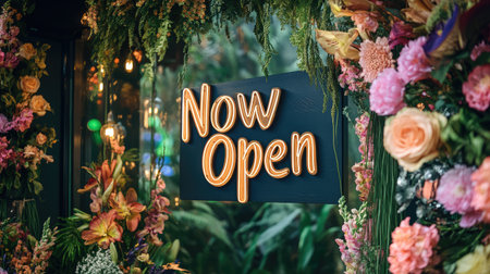 A stunning floral arrangement frames a "Now Open" sign, creating a welcoming environment for customers. This image captures the vibrancy of nature and inviting spaces.の素材