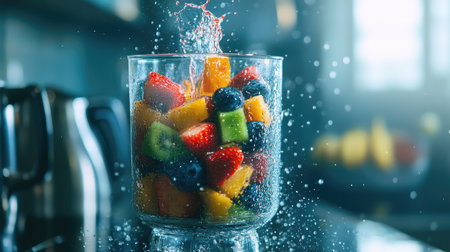 A striking image of assorted fruits splashing in a clear bowl, showcasing vibrant colors and refreshing appeal, ideal for promoting healthy eating and culinary creativity.の素材