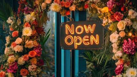 A stunning floral archway adorned with colorful flowers and a bright neon 'Now Open' sign, creating an inviting atmosphere for shoppers and visitors.の素材