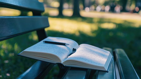 A peaceful scene featuring an open notebook and a pen on a park bench, surrounded by the beauty of nature, perfect for capturing thoughts or creative ideas.の素材