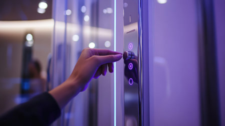 A close-up view of a hand pressing a button in a sleek elevator, illuminated by soft blue light, showcasing modern technology and urban lifestyle in a contemporary setting.の素材
