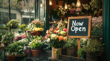 A vibrant floral shop showcases an array of colorful blooms and greenery, complete with a handcrafted "Now Open" sign, inviting customers in for fresh flowers and plants.の素材