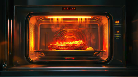 A vibrant scene depicting crispy fried chicken in a modern oven, surrounded by warm light and steam, complemented by a slice of lemon for added flavor and visual appeal.の素材