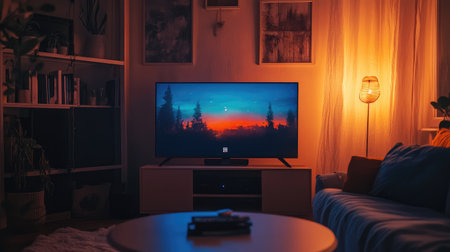 A cozy living room scene featuring a television displaying a scenic sunset, bathed in warm lighting with comfortable furniture, perfect for relaxation and ambiance.の素材