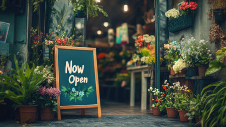 A beautiful entrance to a floral shop showcasing a vibrant array of flowers and plants with a charming "Now Open" sign, creating an inviting atmosphere for customers.の素材